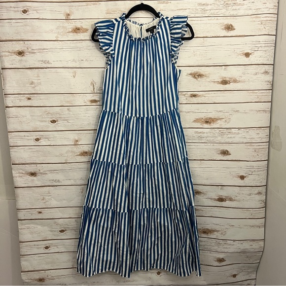 J Crew Blue White Striped Tiered Cotton Dobby MIDI Tank Dress - Picture 6 of 6